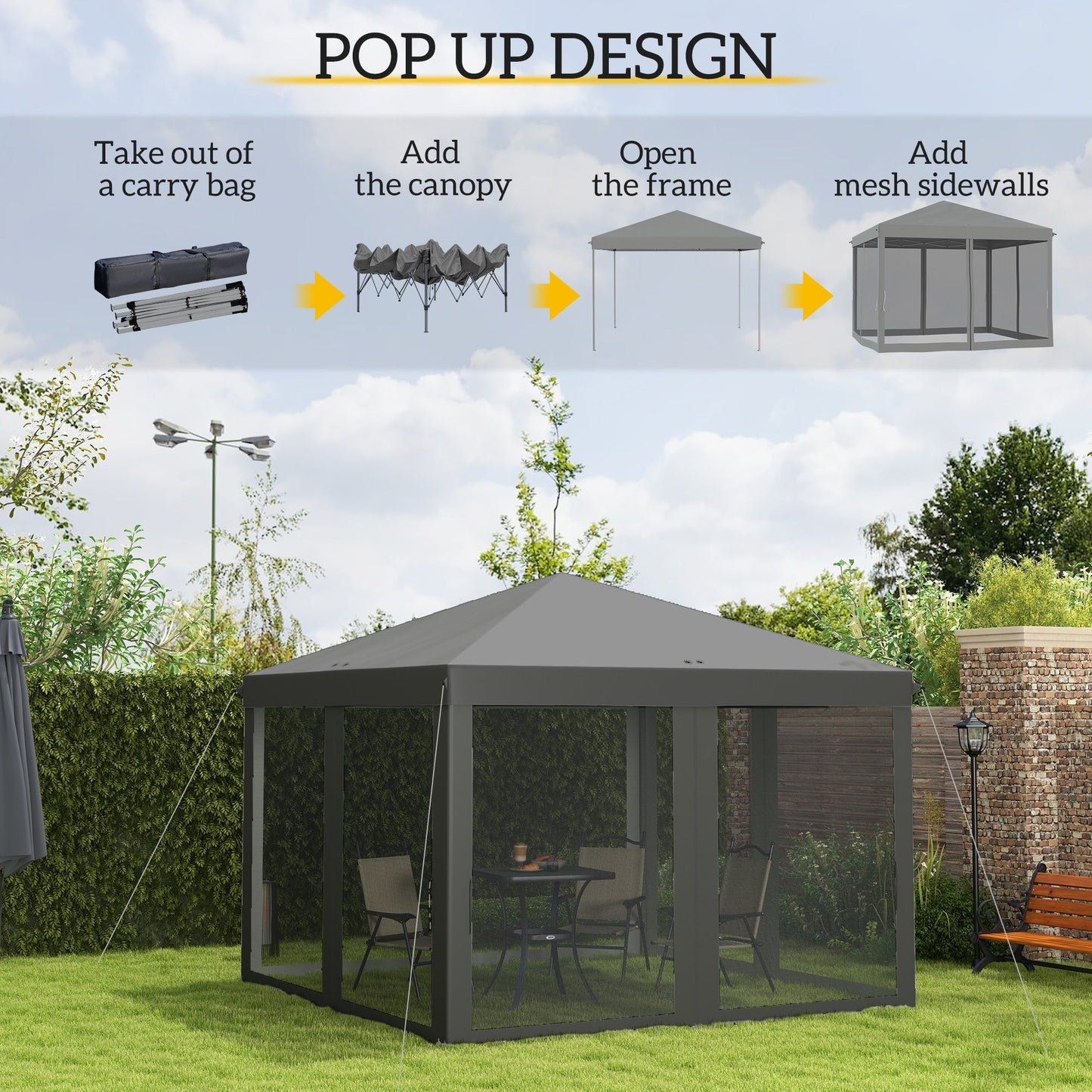 Outsunny 3 x 3√Ç m Pop Up Gazebo, 420D Garden Tent Canopy with Removable Mesh Sidewall Netting, Carry Bag for Garden Patio Outdoor, Light Grey
