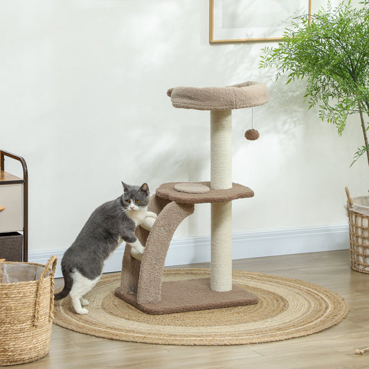 PawHut Cat Tree dla kotów domowych, 88 cm wieża dla kota z sizalowym słupkiem do drapania, wisząca piłka, duża grzęda dla kota, schody, brązowy