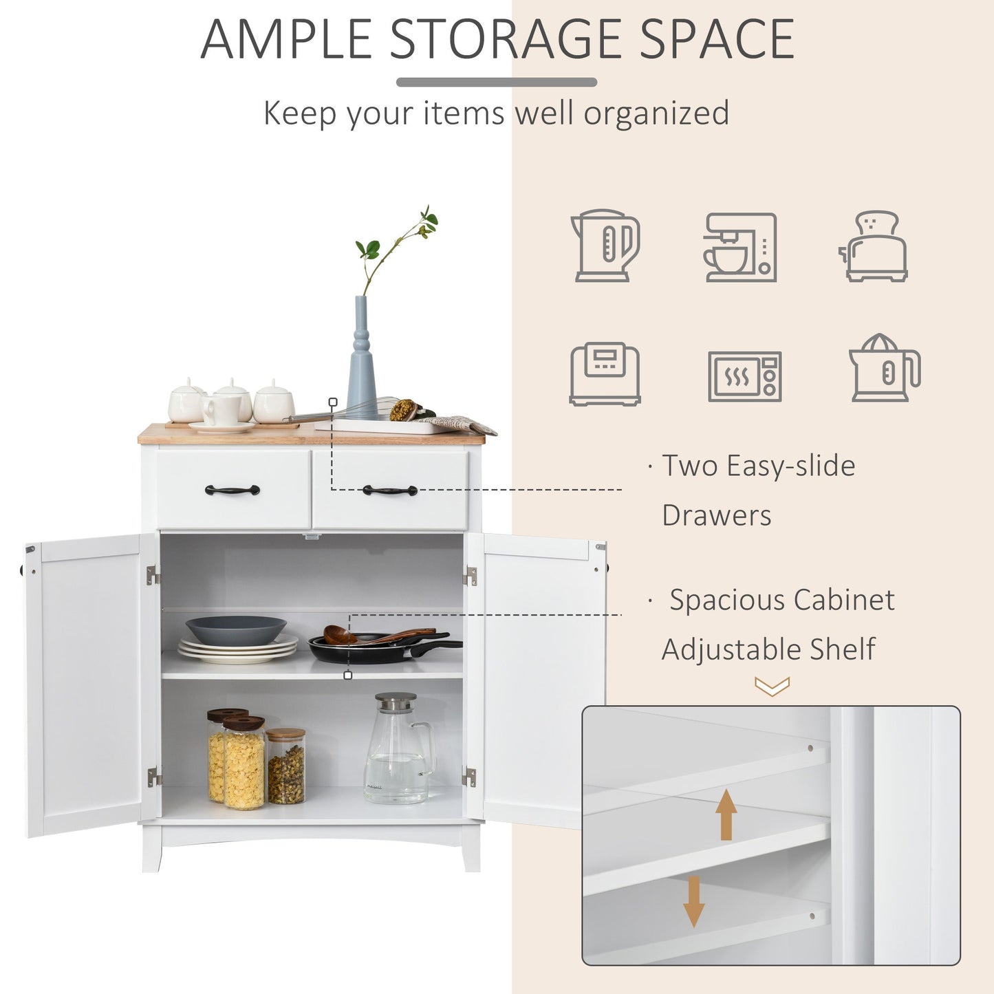 HOMCOM Modern Kitchen Cupboard, Wooden Storage Cabinet, Tableware Organizer with 2 Drawers for Living & Dining Room, White