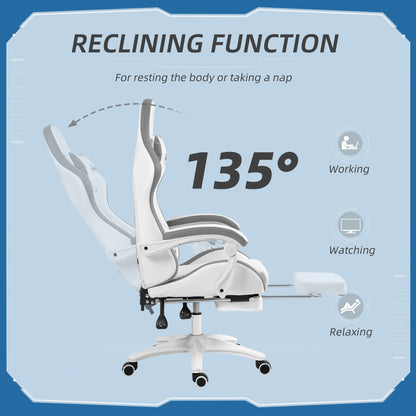 Vinsetto Computer Gaming Chair, PU Leather Desk Chair with Footrest, Swivel Task Chair with 135¡ Reclining Back and Lumbar Support, PC Chair for Adults, White and Grey