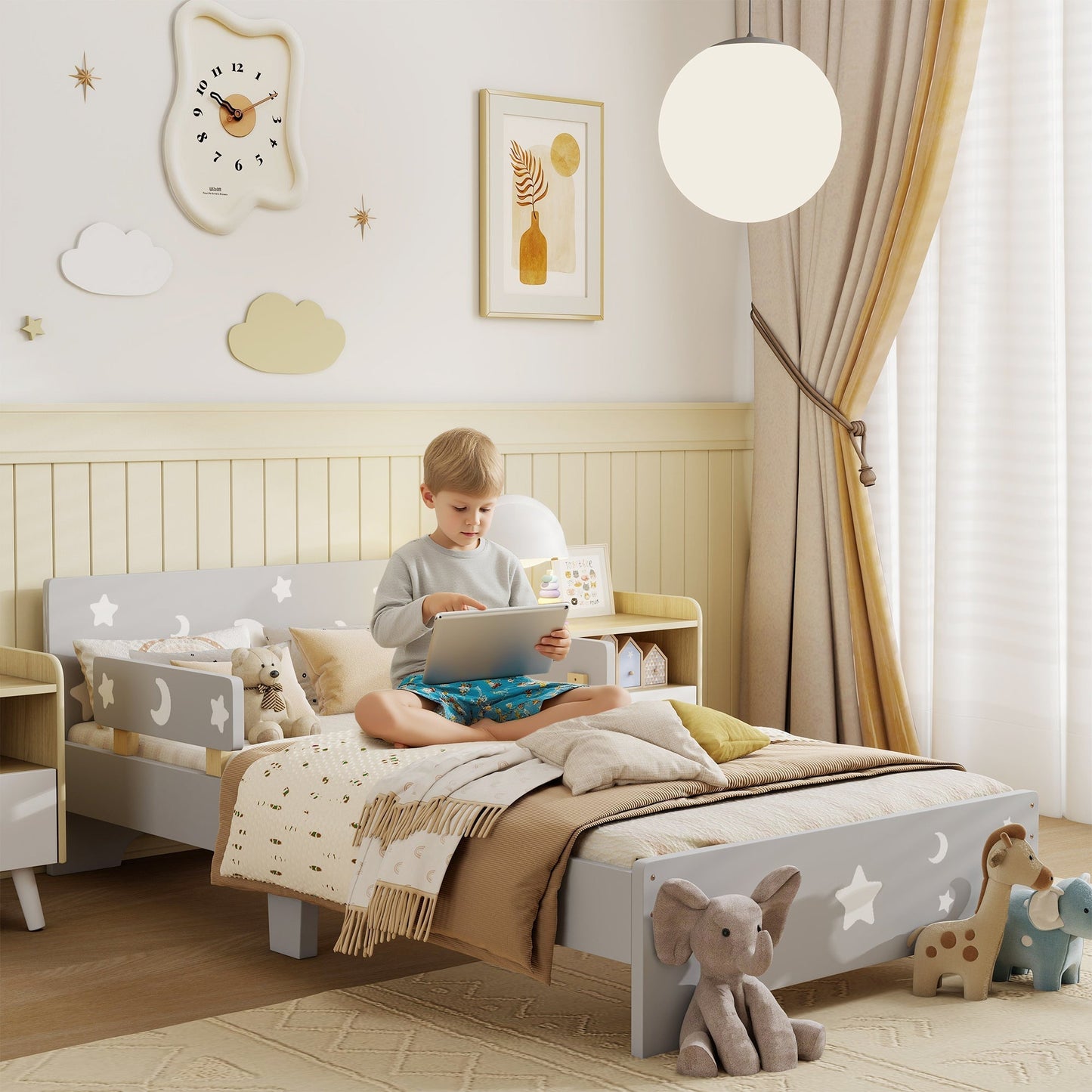 ZONEKIZ Kids Toddler Bed, with Star and Moon Patterns, Side Rails, for Ages 3-6 Years - Grey