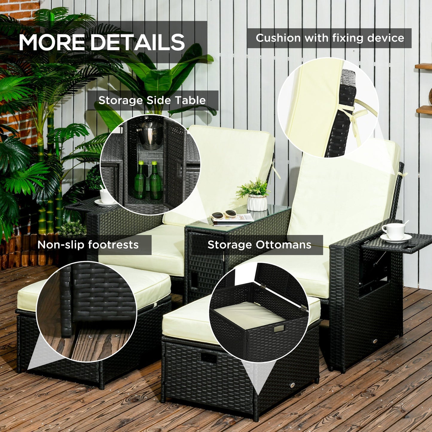 Outsunny 5PC PE Rattan Sun Lounger، سرير أريكة قابل للتعديل بـ 5 مستويات من الخوص في الهواء الطلق مع طاولة جانبية للتخزين، ومساند للقدمين، للفناء والحديقة، أسود