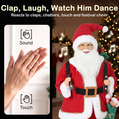 HOMCOM 4ft Singing Dancing Santa Claus, Standing Christmas Animated Santa Figure with Sack, Hanging Elf, Sound/Touch Activated