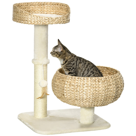 PawHut 72cm Cat Tree, Kitty Activity Center, Cat Climbing Toy, Cat Tower with 2 Cattail Beds Ball Toy Sisal Scratching Post, Beige