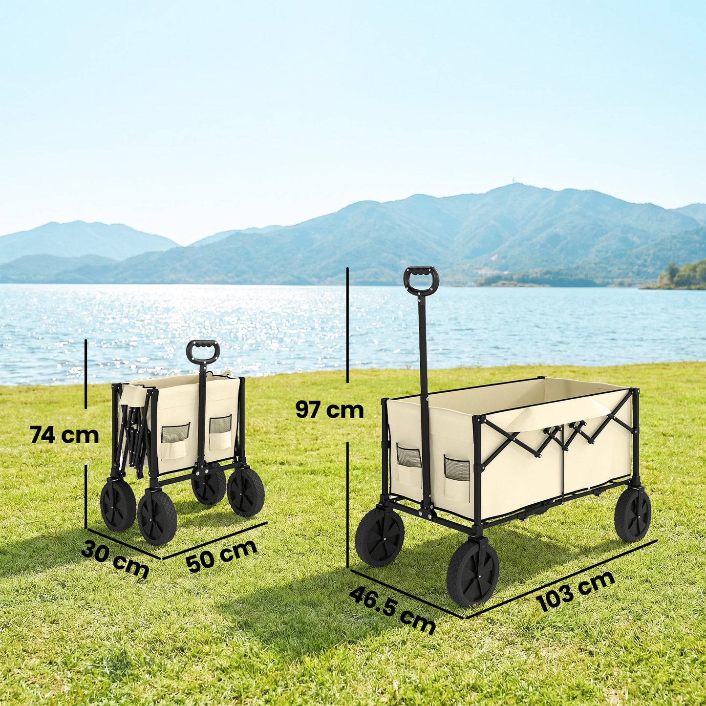 Outsunny 95L Foldable Festival Trolley on Wheels, Collapsible Wagon Cart with Adjustable Handle and 2 Cup Holders, Khaki