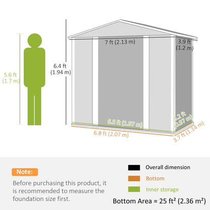 Outsunny 7 x 4ft Garden Shed, łatwy w montażu, ulepszona ocynkowana stalowa rama z zestawem fundamentowym, podwójne drzwi z zamkiem, metalowa szopa zewnętrzna z otworami wentylacyjnymi i rękawicami, ogrodowa szopa magazynowa, jasnoszary
