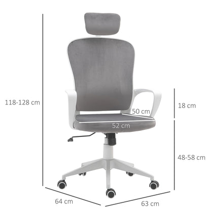 Vinsetto Computers Chair Ergonomic Back Support High Backed Office Chair Velvet Style Fabric Home Rocking with Wheels, Rotatable Liftable Headrest, Grey w/ Wheel, Up-Down Headrest