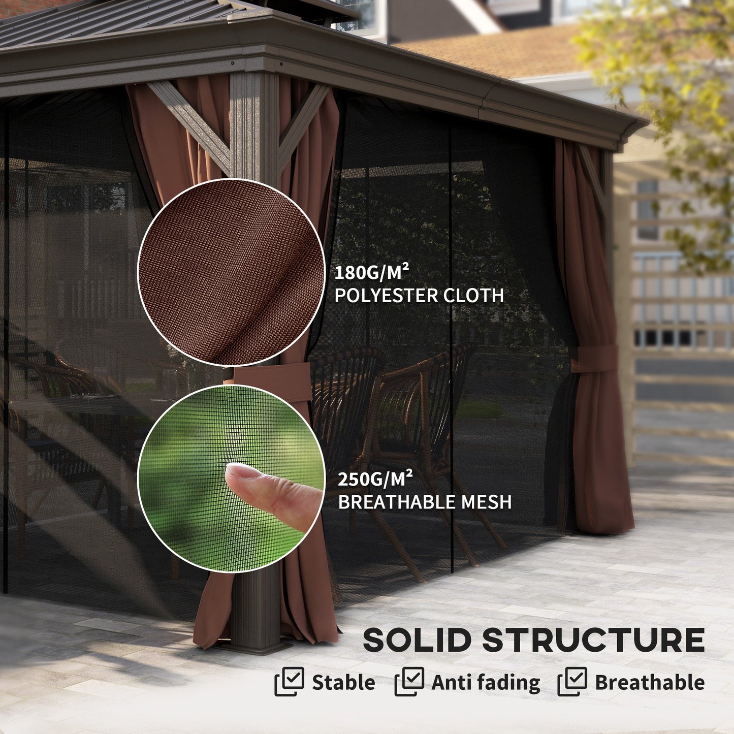 Outsunny 3 x 3,7 m Zewnętrzna altanka Hardtop z aluminiową ramą i dwupoziomowym dachem oraz ścianami bocznymi z siatki na patio, ciemnobrązowa