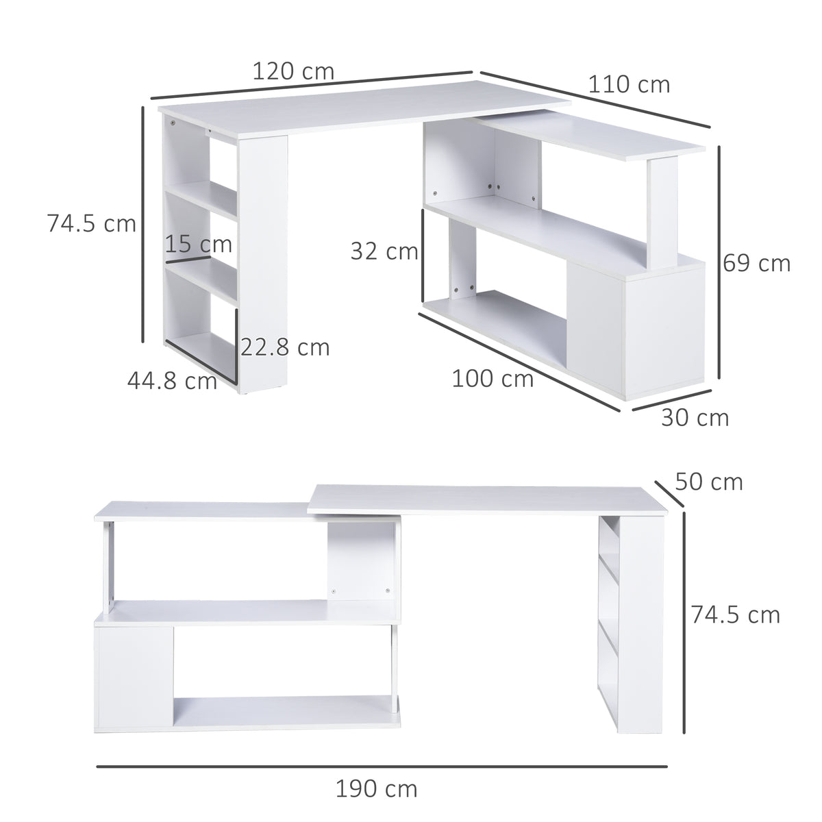 HOMCOM Corner Computer Desk, L Shaped Desk with 360° Rotating Bookshelf, 120W x 110D x 74.5H cm, White