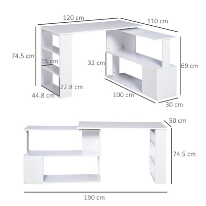 HOMCOM Corner Computer Desk, L Shaped Desk with 360° Rotating Bookshelf, 120W x 110D x 74.5H cm, White