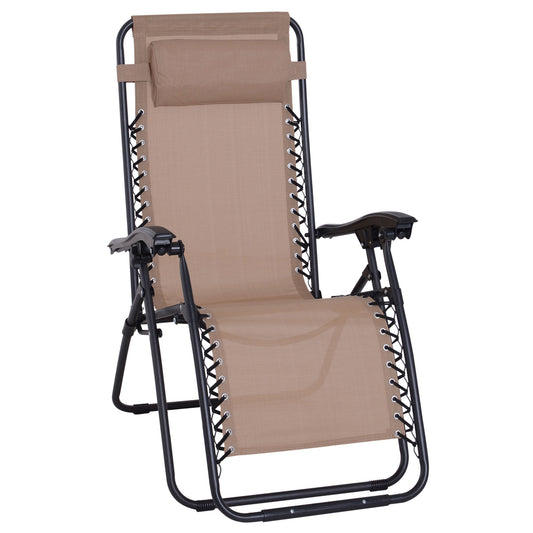 Outsunny Zero Gravity Chair Metal Frame Texteline Armchair Outdoor Folding and Reclining Sun Lounger with Head Pillow for Patio Decking Gardens Camping, Beige