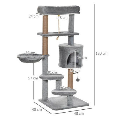 PawHut Cat Tree Cat Scratching Post 120cm with Jute Scratching Post Perch Hanging Ball Hammock Teasing Rope Condo Toy Light Grey