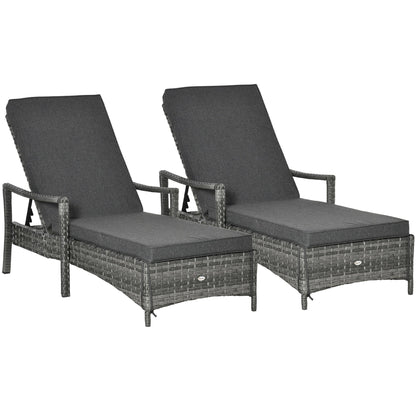 Outsunny PE Rattan Sun Loungers set of 2 with Cushion, Outdoor 2 Pieces Garden Sunbed Furniture with 4-Level Recliner Backrest, and Armrest, Grey