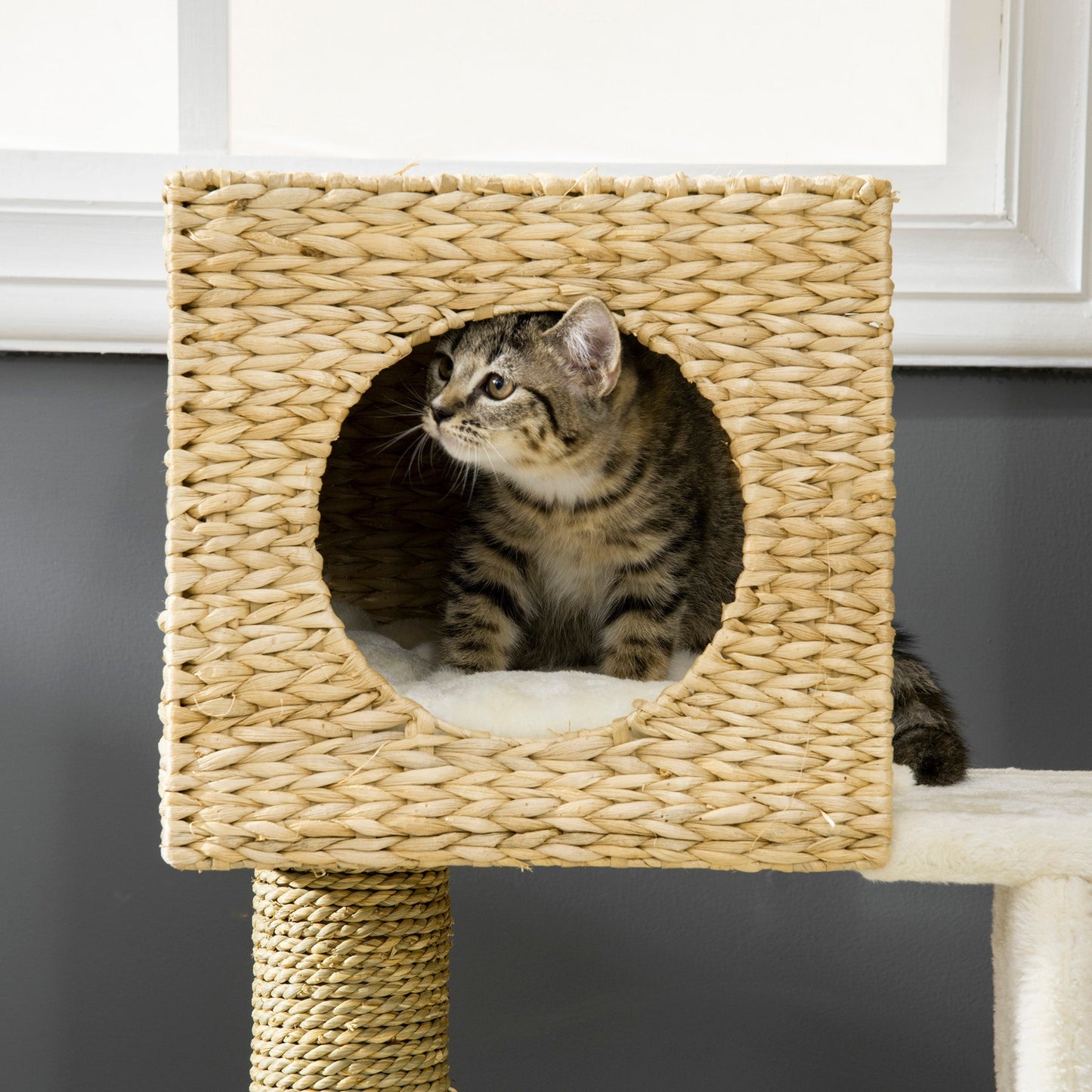 PawHut Cat Tree, with Scratching Posts, Bed, Cat House - Natural Finish