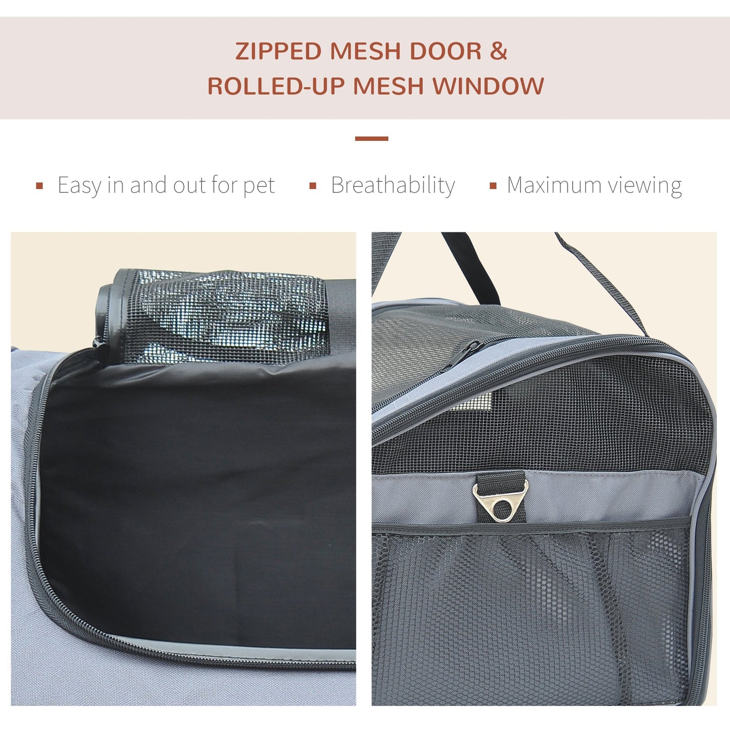 حقيبة Pawhut Pet Carrier المحمولة للقطط القابلة للطي مع نوافذ شبكية، 41 × 34 × 30 سم، رمادي