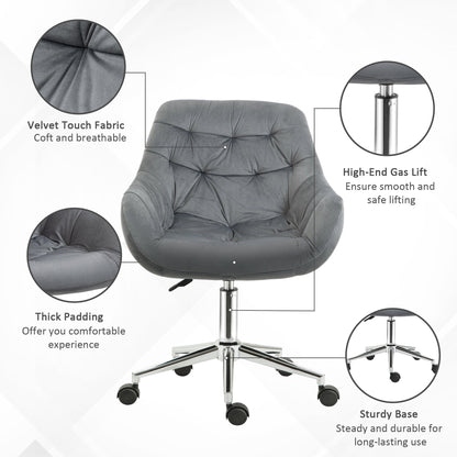 Vinsetto Swivel Chair Chair Velvet Ergonomic Computer Chair Comfy Desk Chair w/ Adjustable Height, Arm and Back Support, Dark Grey