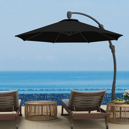 Outsunny 3(m) Garden Cantilever Parasol, Round Overhanging Umbrella with Crank Handle, Cross Base, Aluminium Frame and 360 Rotation, Banana Patio Umbrella for Outdoor Sun Shade, Black