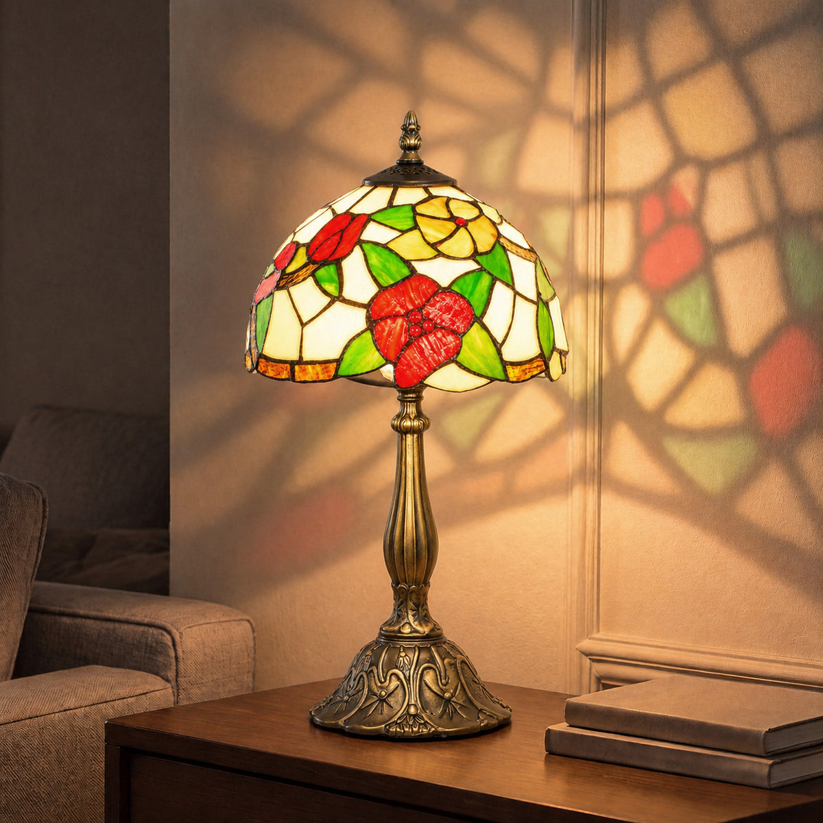 HOMCOM Tiffany Stained Glass Table Lamp, Handmade Antique Bedside Lamp for Bedroom, Living Room, Nightstand, Red Sunflower