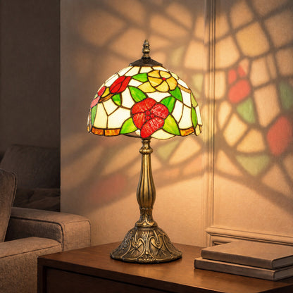 HOMCOM Tiffany Stained Glass Table Lamp, Handmade Antique Bedside Lamp for Bedroom, Living Room, Nightstand, Red Sunflower