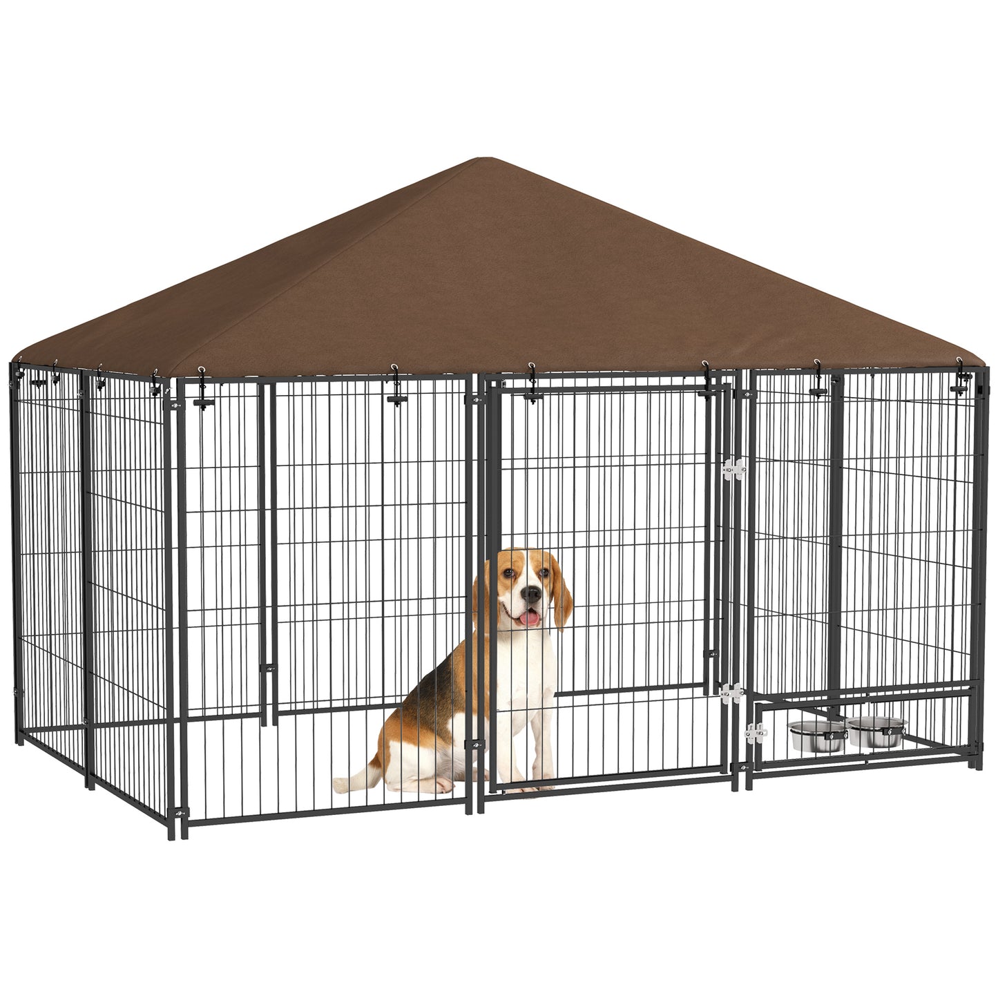PawHut Outdoor Dog Kennel Puppy Play Pen z baldachimem Garden Playpen Fence Crate Enclosure Cage Rotating Bowl 211 x 141 x 151 cm