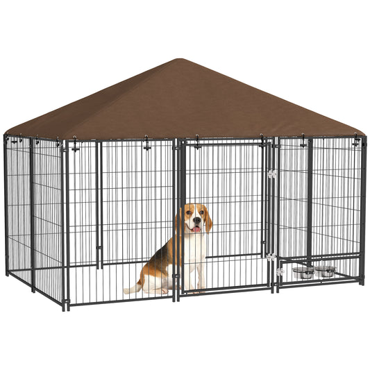 PawHut Outdoor Dog Kennel Puppy Play Pen z baldachimem Garden Playpen Fence Crate Enclosure Cage Rotating Bowl 211 x 141 x 151 cm