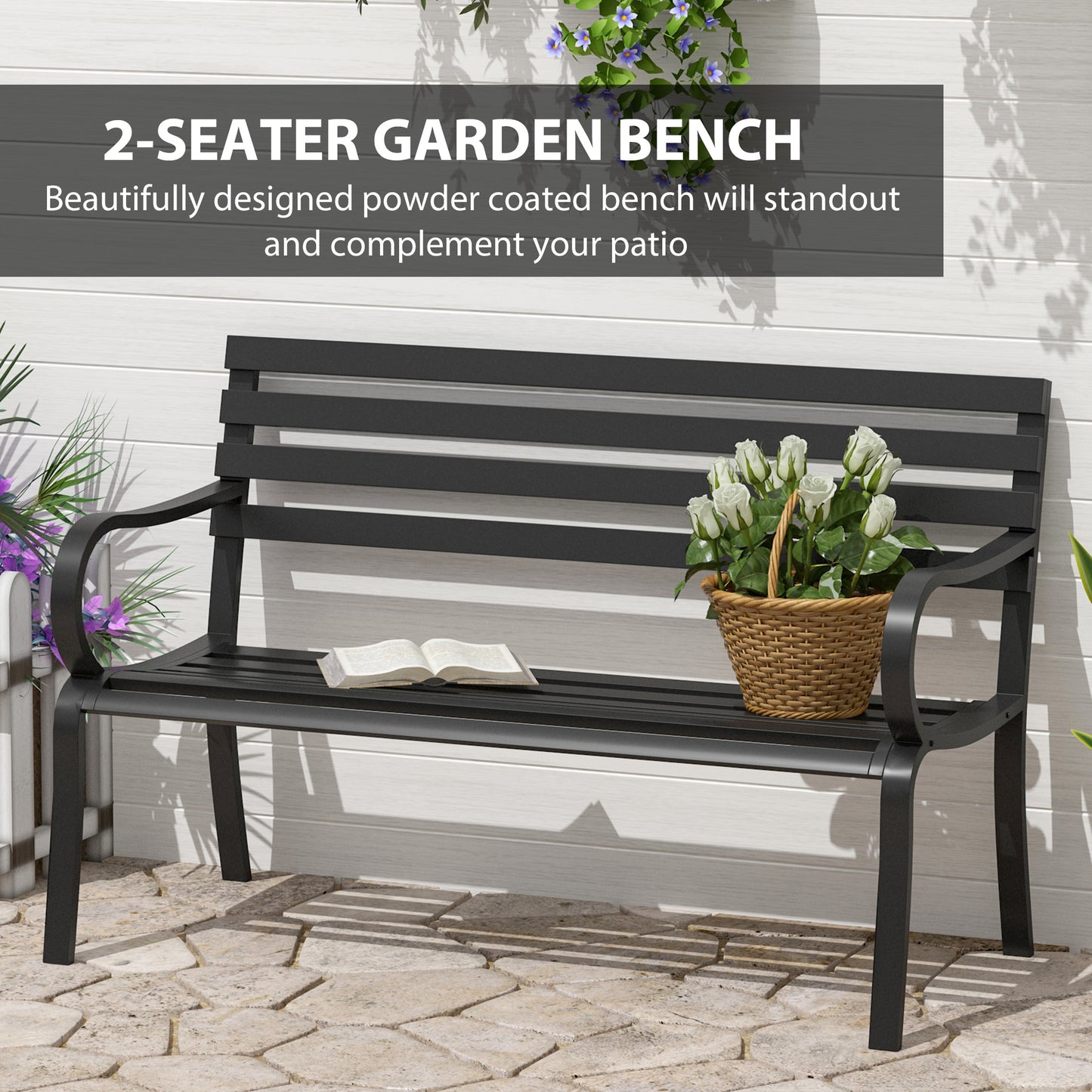 Outsunny Stylish 2 Seater Metal Garden Porch Chair Bench Stable Patio Outdoor Park Metal Bench - Black