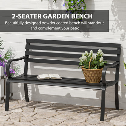 Outsunny Stylish 2 Seater Metal Garden Porch Chair Bench Stable Patio Outdoor Park Metal Bench - Black