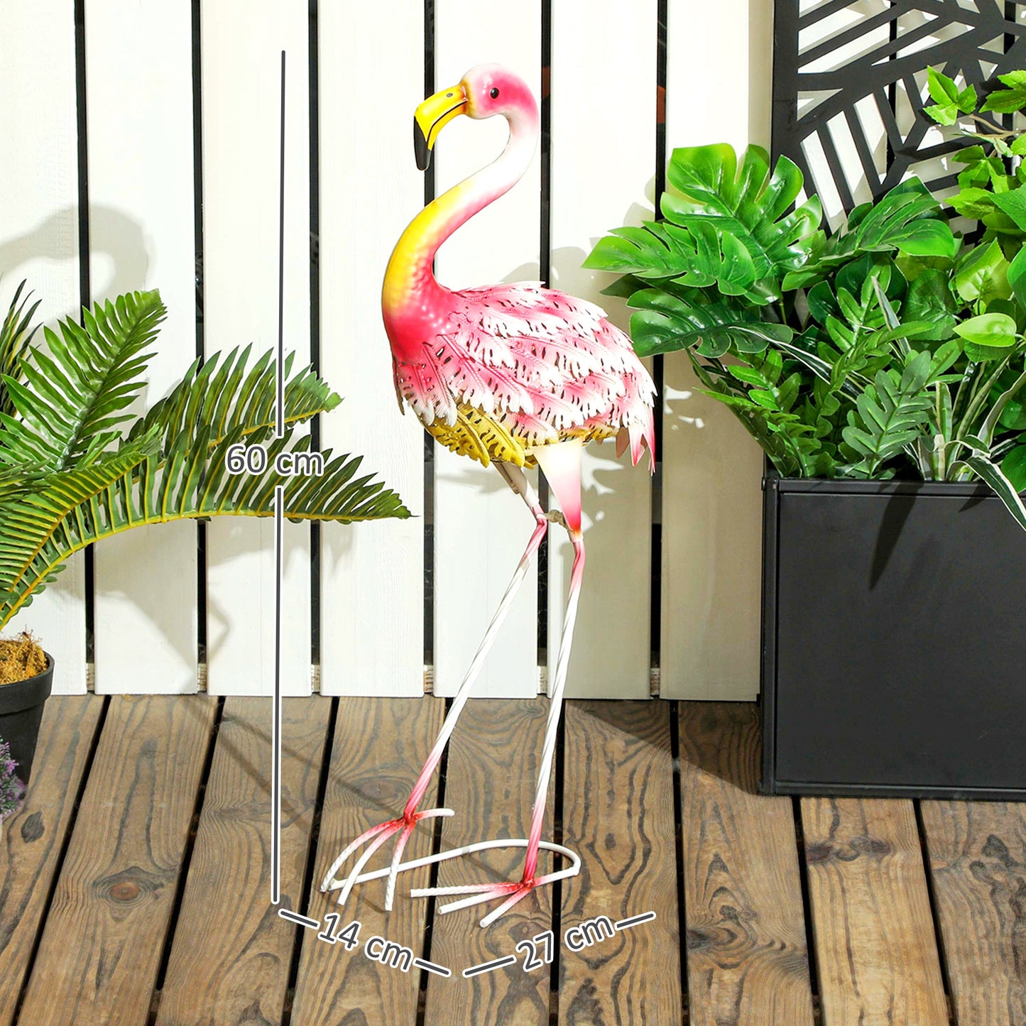 Outsunny Flamingo Garden Statue Ornament, Metal Bird Art Outdoor Statue, Stojąca rzeźba ogrodowa Prezent z kołkami do wbijania w ziemię do dekoracji krajobrazu stawu, Różowa