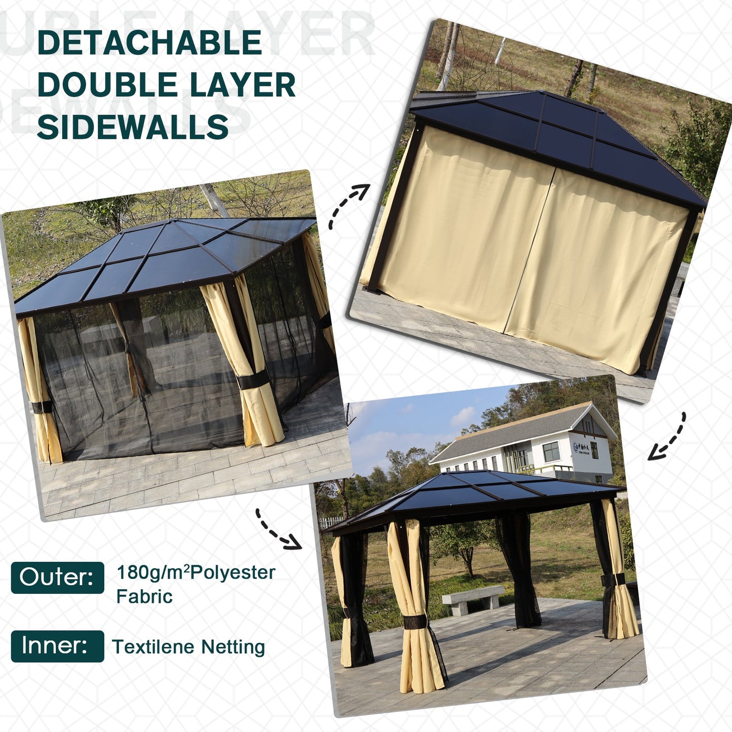 3.6 x 3(m) Polycarbonate Hardtop Gazebo with LED Solar Light and Aluminium Frame, Garden Pavilion with Mosquito Netting and Curtains