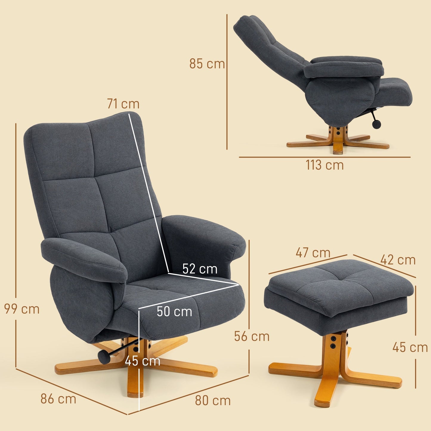 HOMCOM Linen-Look Recliner, with Storage Ottoman - Grey