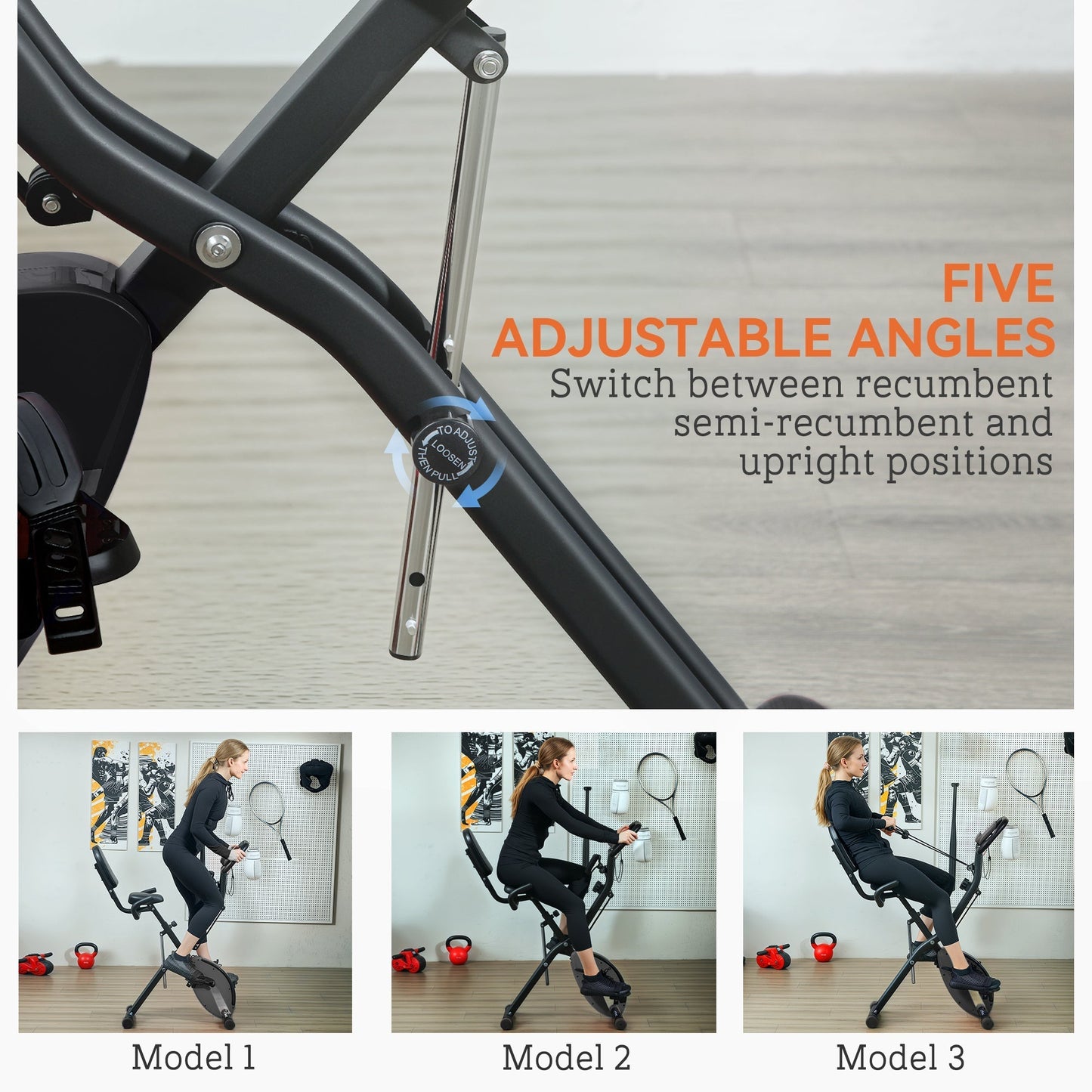 SPORTNOW Five-in-one Foldable Exercise Bike, Stationary Bike with Arm Workout Bands, LDC Monitor, Phone Holder, Black