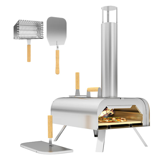 Outsunny Outdoor Pizza Oven, przenośny piec do pizzy na pelet drzewny z kamieniem do pizzy i łopatką, składane nogi, komin, 12-calowy piec do pizzy opalany drewnem do gotowania na zewnątrz, stal nierdzewna