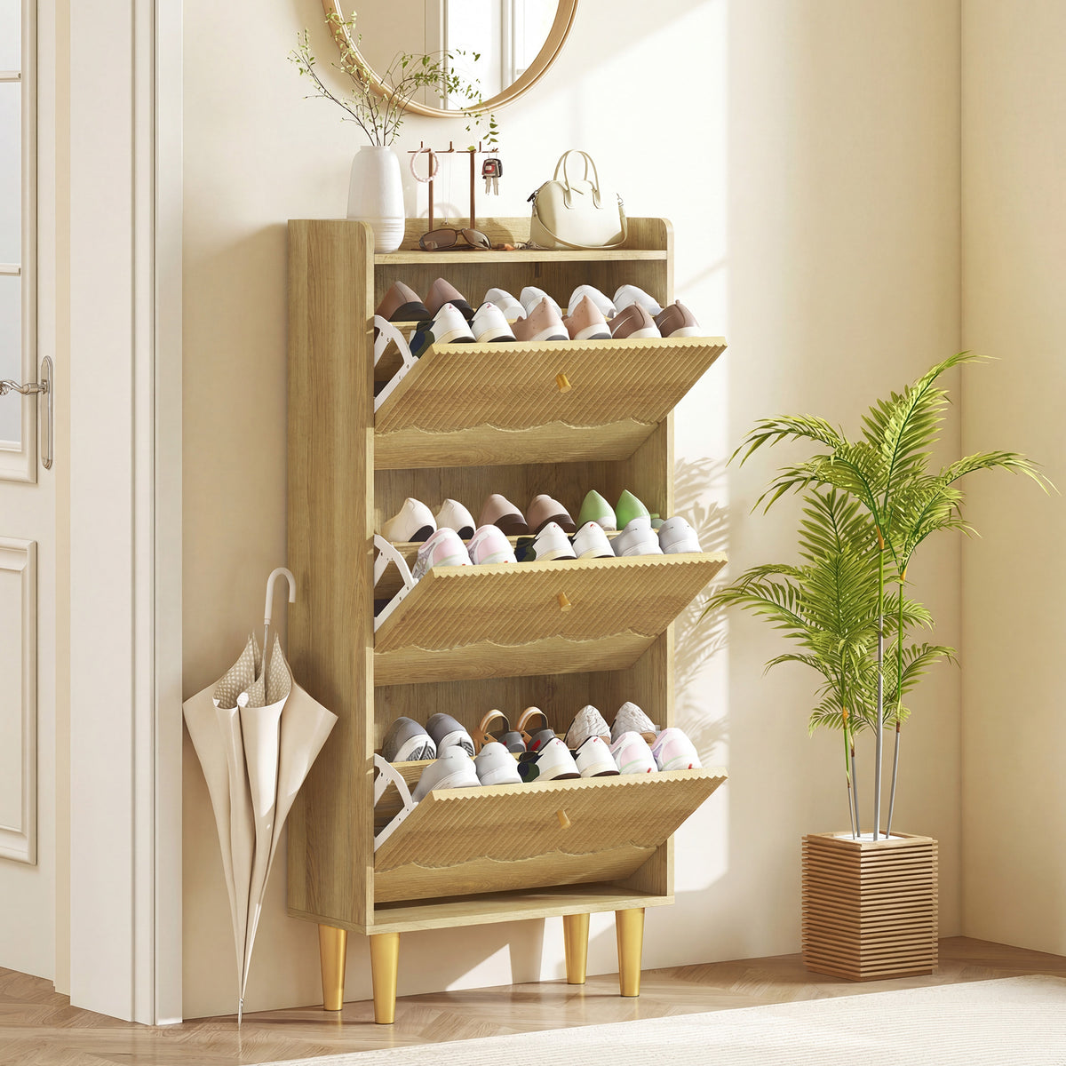 HOMCOM Narrow Shoe Cabinet, Modern Shoe Storage Cabinet with 3 Flip Drawers, Oak