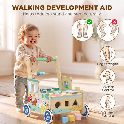 AIYAPLAY Wooden Baby Walker for 1-3 Year, Montessori Inspired Push Along Walker Toys, Multifunctional Activity Centre