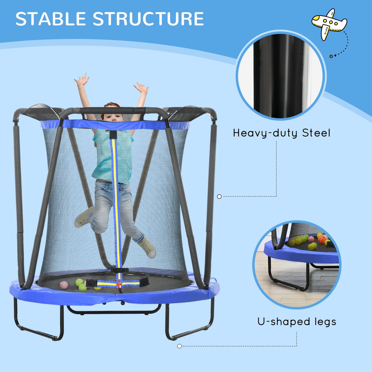 ZONEKIZ 4.6FT Kids Trampoline with Enclosure, Basketball, Sea Balls, Hoop, for Ages 3-10 Years - Blue