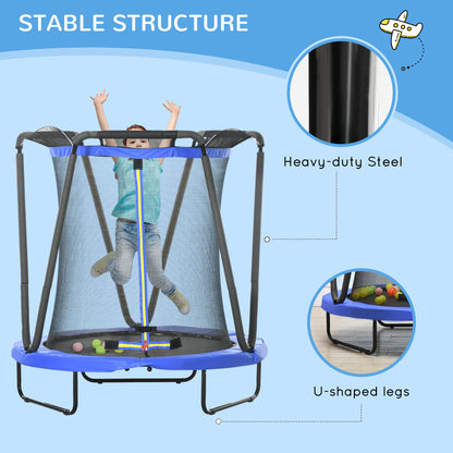 ZONEKIZ 4.6FT Kids Trampoline with Enclosure, Basketball, Sea Balls, Hoop, for Ages 3-10 Years - Blue