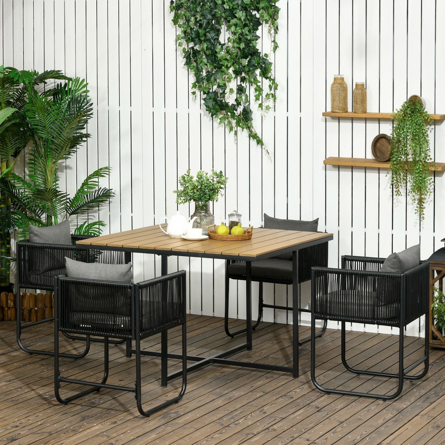 Patio 5  Piece PE Rattan Dining Set, Garden Round Wicker 4-seater Rattan Cube Dining Sets, w/ Wood Grain Plastic Top, Space-saving Design Black