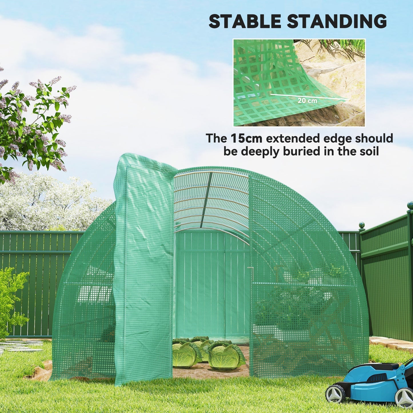 Outsunny Large Polytunnel Walk In Greenhouse, Plant Gardening Tunnel Green House with Metal Hinged Door, Galvanised Steel Frame & Mesh Windows, Green (3 x 6 m)