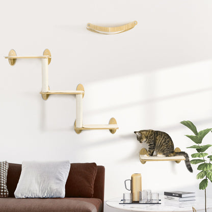 PawHut 3PCs Wall-Mounted Cat Shelves, with Jumping Platforms, Hammock, Scratching Post - Oak Tone