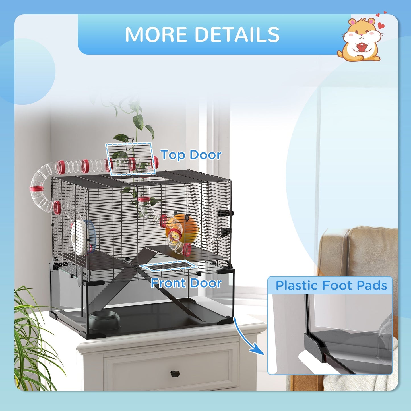 PawHut Gerbil Cage Dwarf Hamster Cage, with Deep Glass Bottom, Tunnels, Hut, Exercise Wheel, 60 x 40 x 57cm