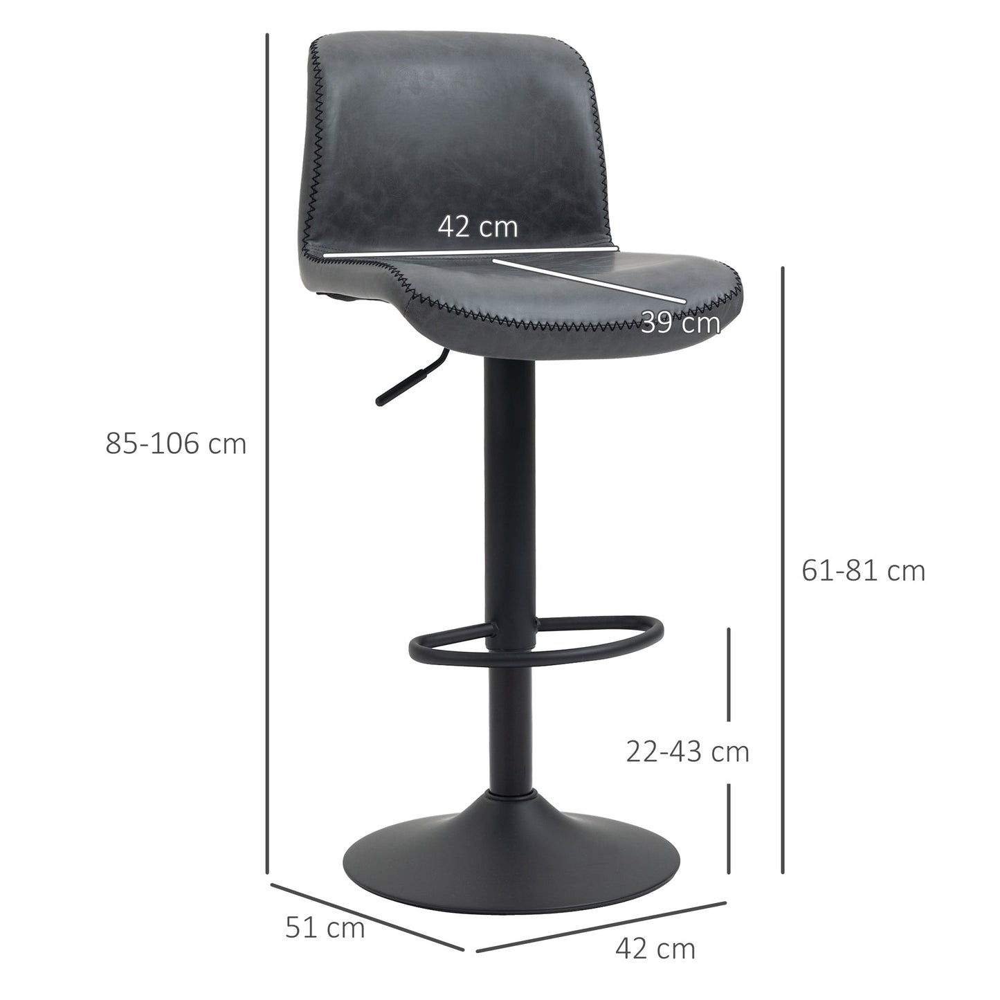 HOMCOM Bar Stools Set of 2, PU Leather Barstools with Backrest and Footrest for Kitchen, Counter, Breakfast Bar, Dark Grey