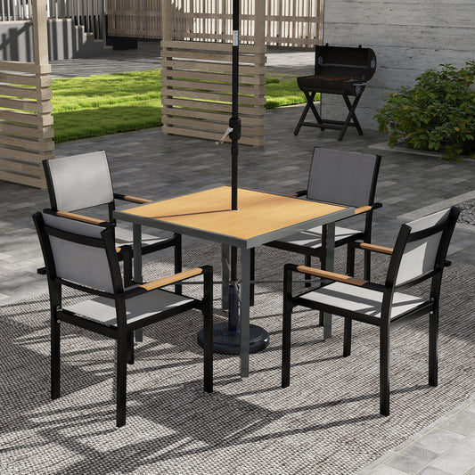 Stół ogrodowy Outsunny, kwadratowy stół jadalny na patio, 90 cm, z otworem na parasol 4,2 cm, metalowa rama, blat imitujący drewno, na taras lub balkon, wykończenie w naturalnym drewnie