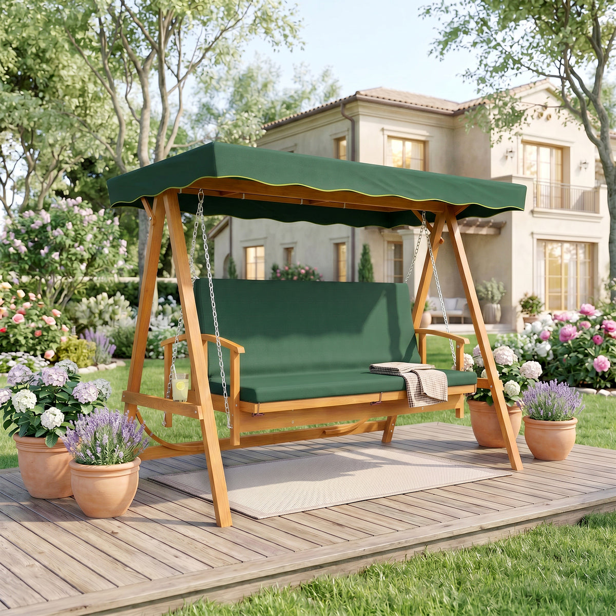 Outsunny 3 Seater 2-in-1 Wooden Garden Swing Seat Swing Chair, Outdoor Convertible Hammock Bench w/cushion, Furniture Lounger Bed, Dark Green