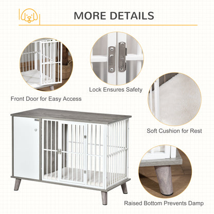 PawHut Furniture Style Dog Crate, Pet Cage Kennel End Table, Indoor Decorative Dog House, with Wooden Top, Door, for Small Dogs, Grey Dogs