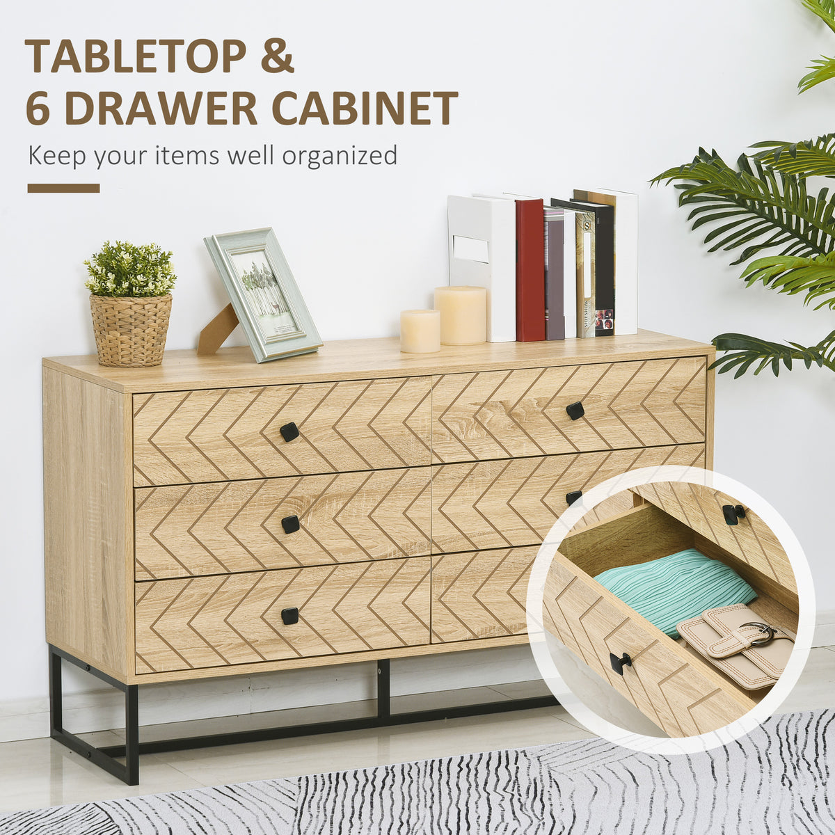 HOMCOM Bedroom Chest of Drawers, 6 Drawer Dresser, Sideboard Cabinet with Zigzag Design and Metal Base, Storage Drawer Unit, 120x71cm, Natural