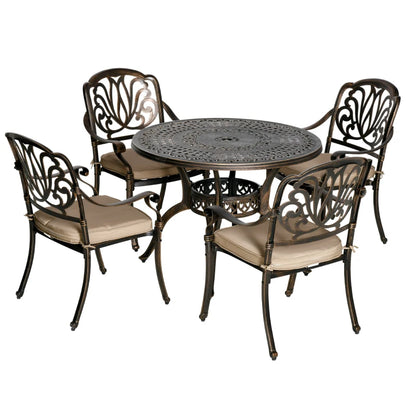 Outsunny 4 Seater Outdoor Dining Set Antique Cast Aluminium Garden Furniture Set with Cushions Round Dining Table with Parasol Hole, Bronze