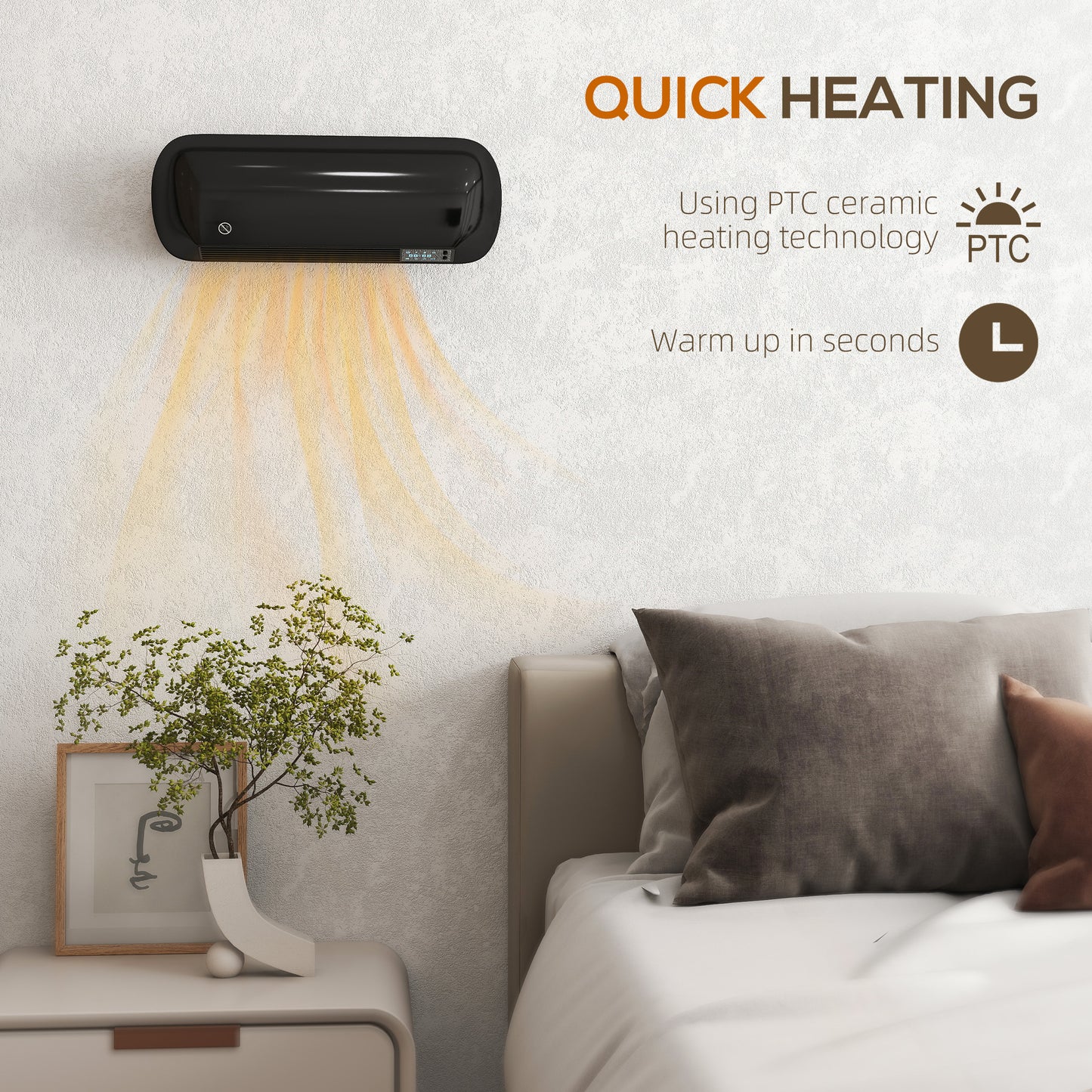 HOMCOM 2000W Ceramic Electric Heater with Fan, Adjustable Thermostat, Wall Mounted - Black