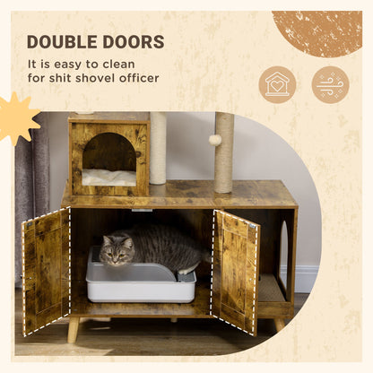 PawHut Cat Litter Box Enclosure, with Tree Tower, Cat House, Hammock, Cushion - Rustic Brown