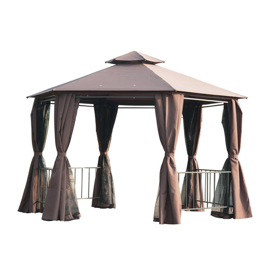 Outsunny Hexagon Gazebo Patio Canopy Party Tent في الهواء الطلق حديقة مأوى مع سقف من طبقتين ولوحة جانبية - بني