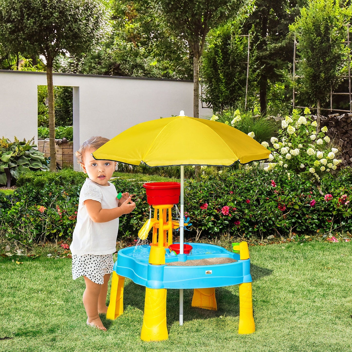 2 in 1 Sand and Water Table w/ Accessories, Adjustable Parasol - Multicoloured